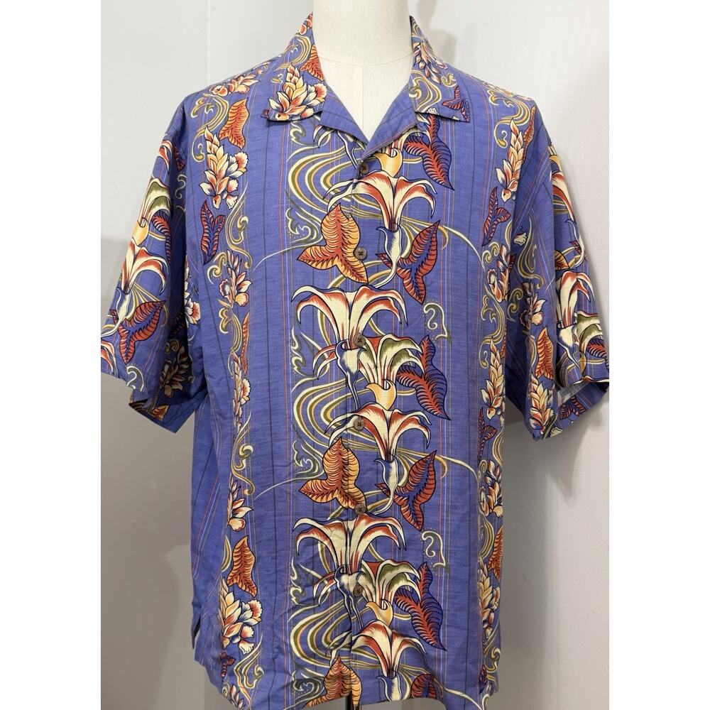 Tommy Bahama Shirt Men XL 100% Silk Blue Tropical Scroll Hawaiian Resort Cruise
